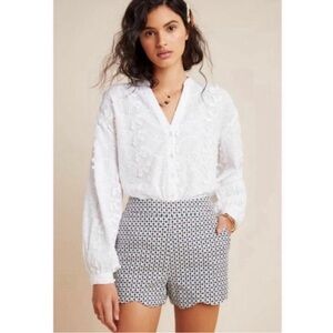 Anthropologie Georgie High Waist Shorts Scalloped Hem‎ Aqua Navy Blue Textured